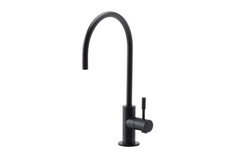A matte black sink faucet.